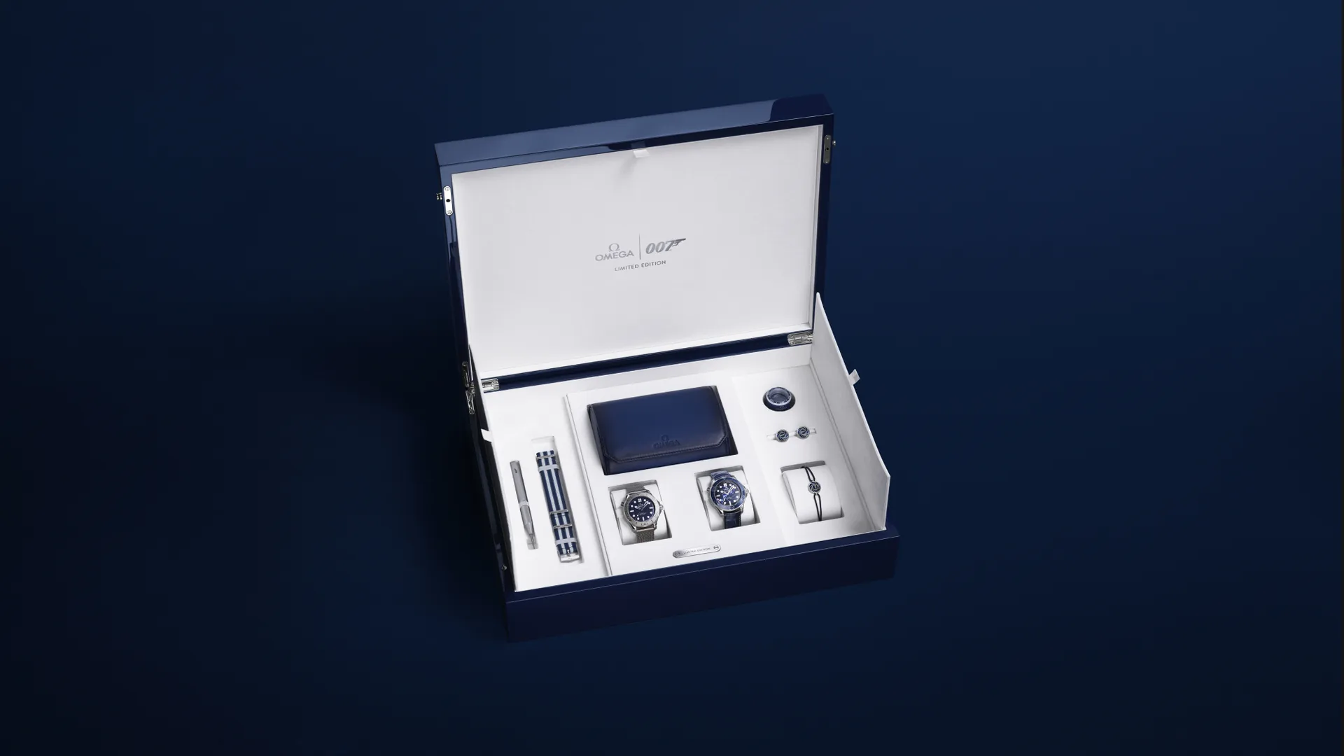 Omega James Bond limited-edition set in its presentation box with two watches and accessories