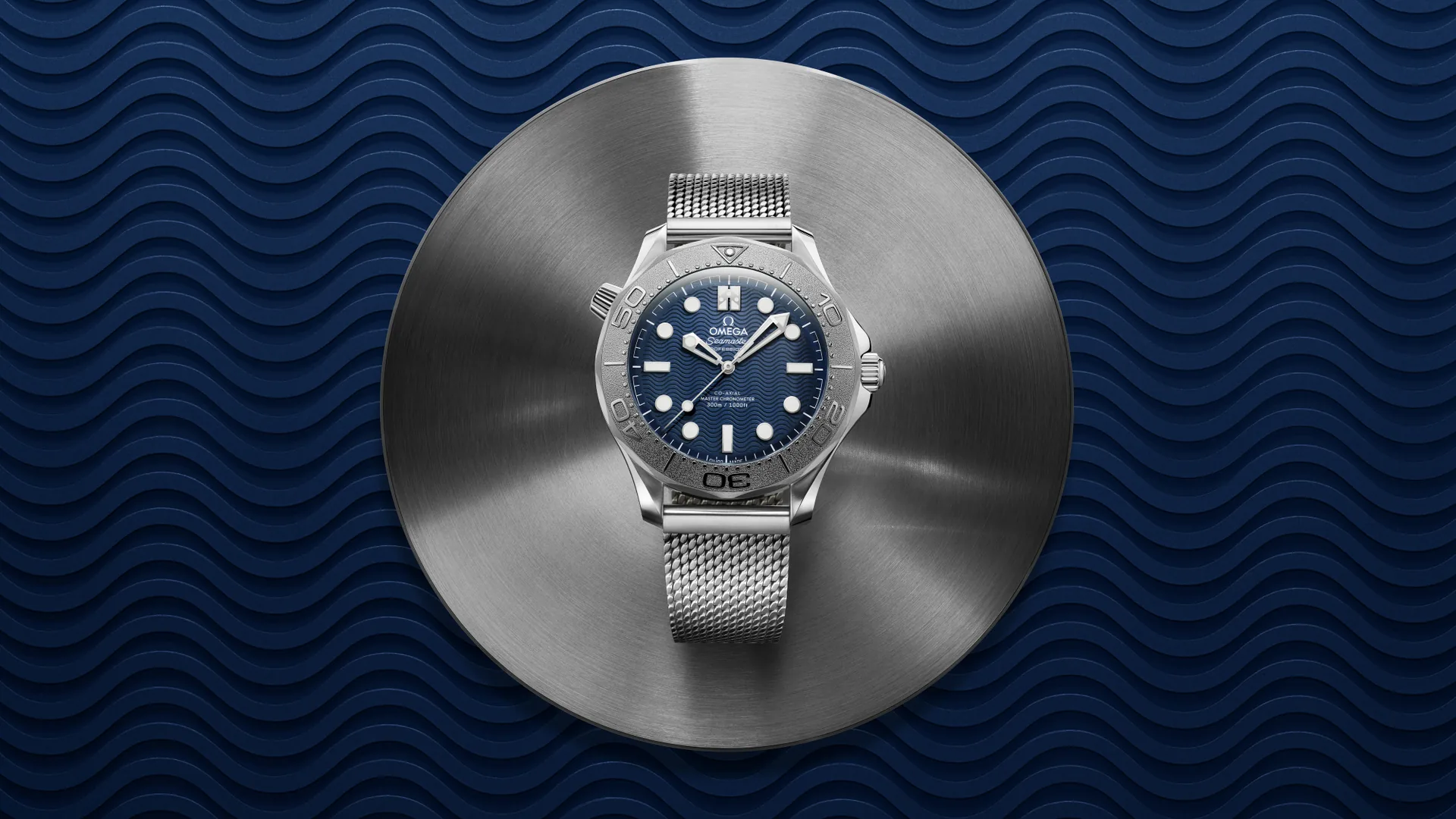 Omega Seamaster Diver 300M James Bond edition in stainless steel with blue wave dial on a mesh bracelet