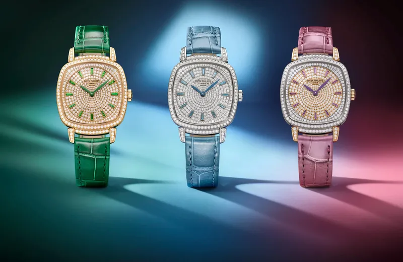 Three Patek Philippe Gondolo Ladies First Joaillerie watches with diamond-paved dials on green, blue and purple alligator straps